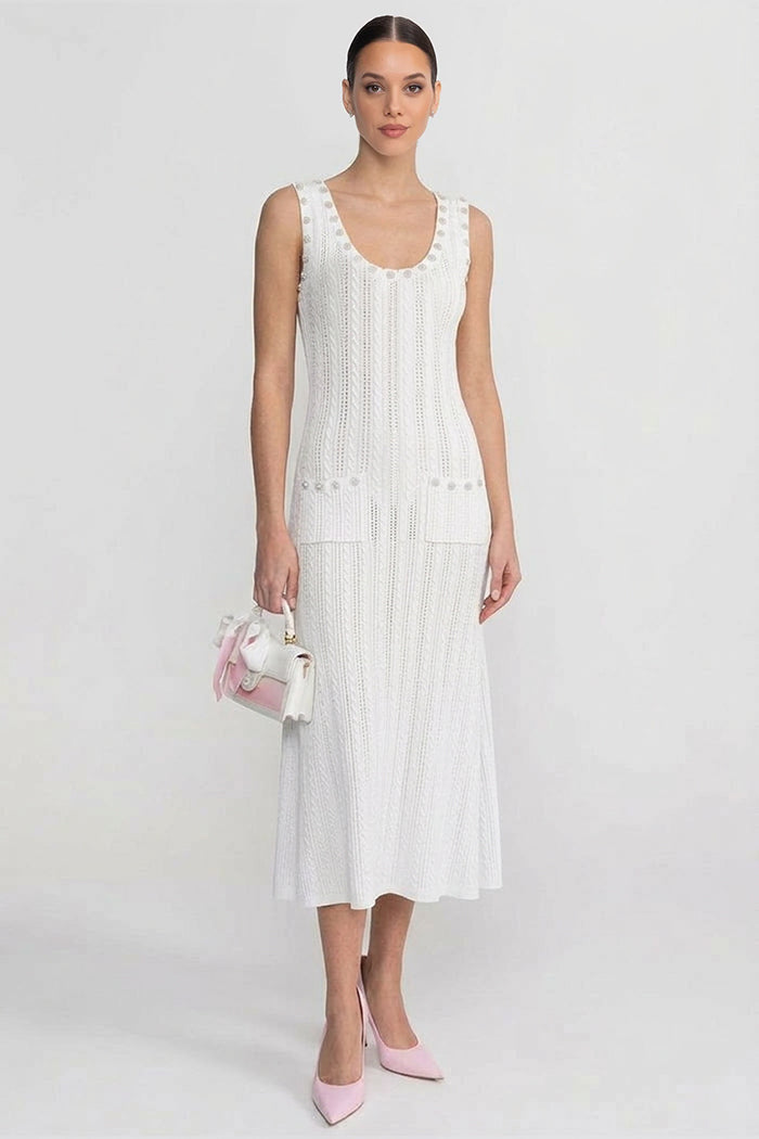 Ribbed Knit Dress and Cardigan Set With Pearl Button Detailing - White