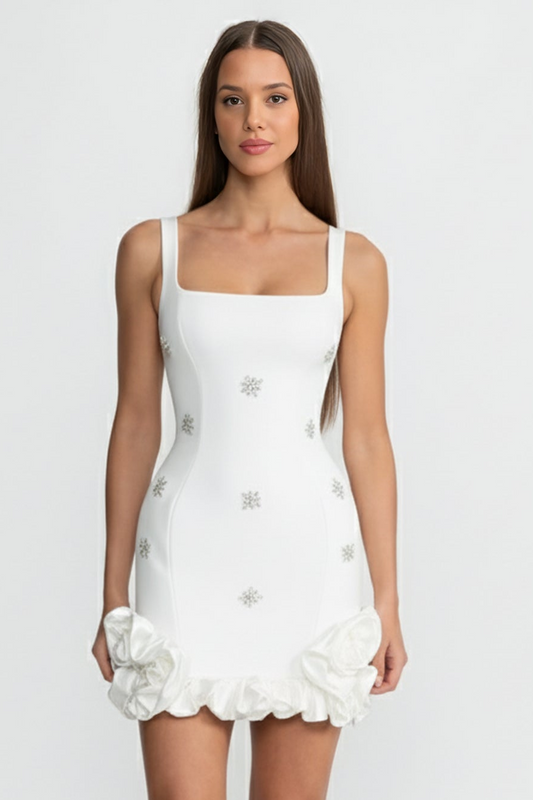 Embellished Bodycon Mini Dress With Crystal Flowers – White