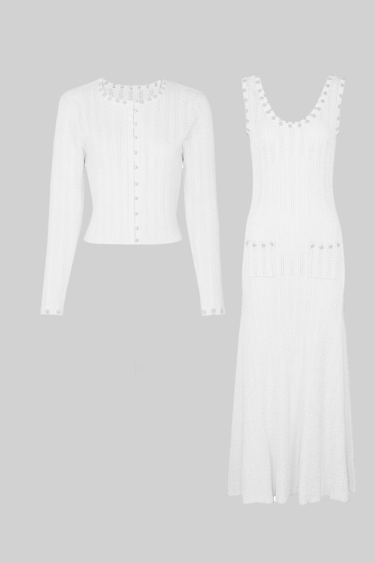 Ribbed Knit Dress and Cardigan Set With Pearl Button Detailing - White